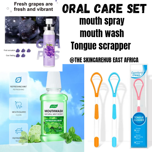 3 ORAL CARE ESSENTIALS /Mint mouth wash,grape mouth spray & tongue scraper