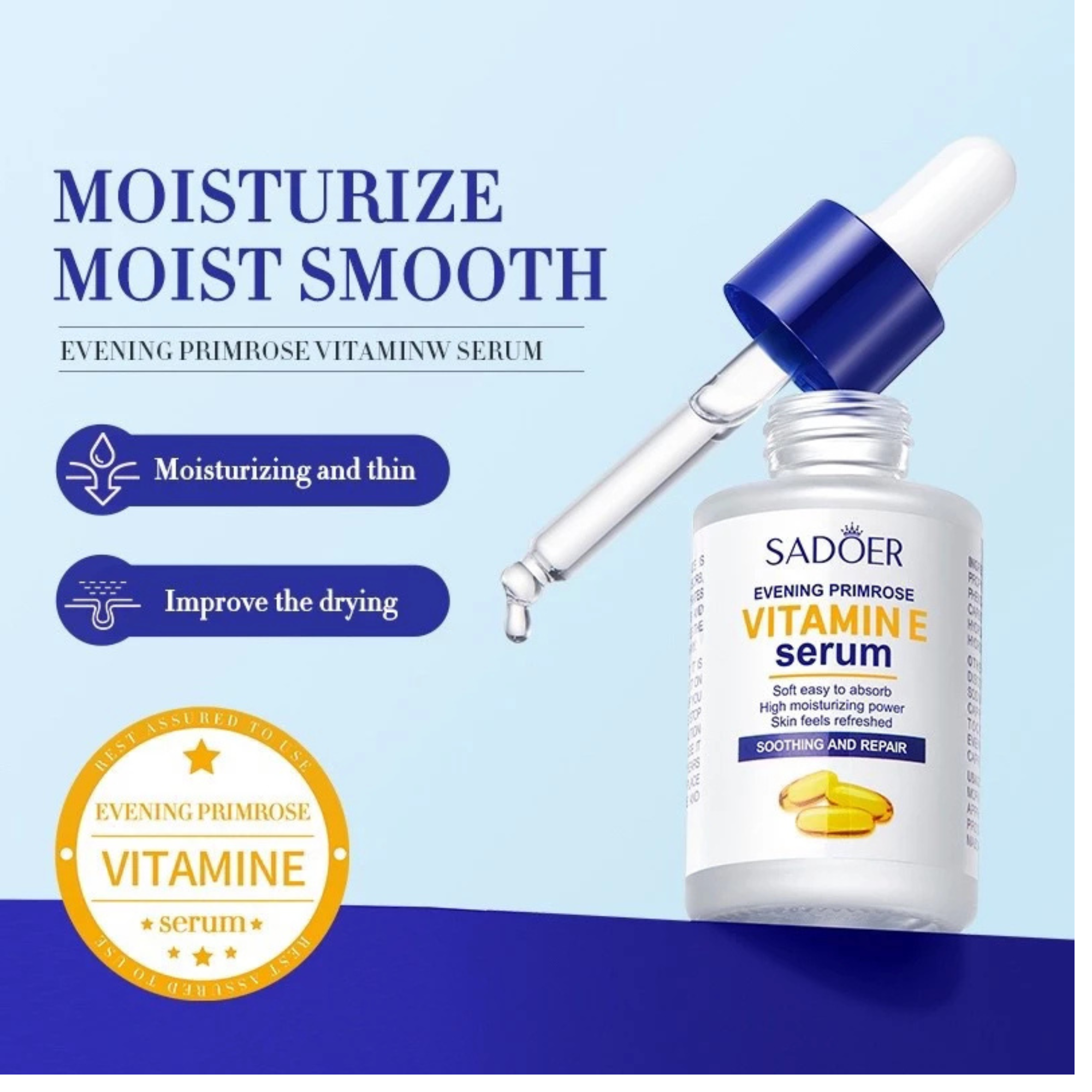 SADOER Evening Primrose Vitamin E Serum is a skincare product that combines the benefits of evening primrose oil and vitamin E.