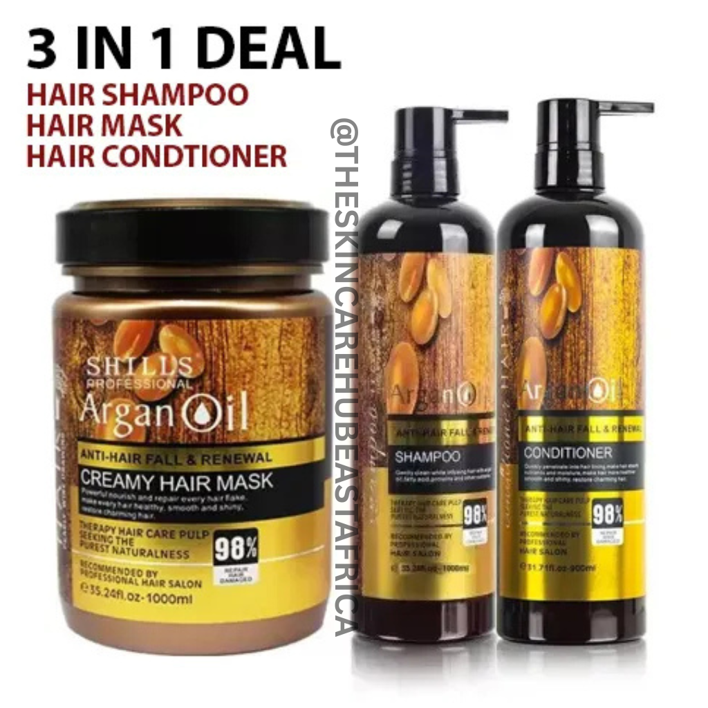 BIG SIZE Argan Oil Anti-Hair Fall hair care set with Creamy Hair Mask , Shampoo & Conditioner (98% Repair Damage Hair)-1000mL