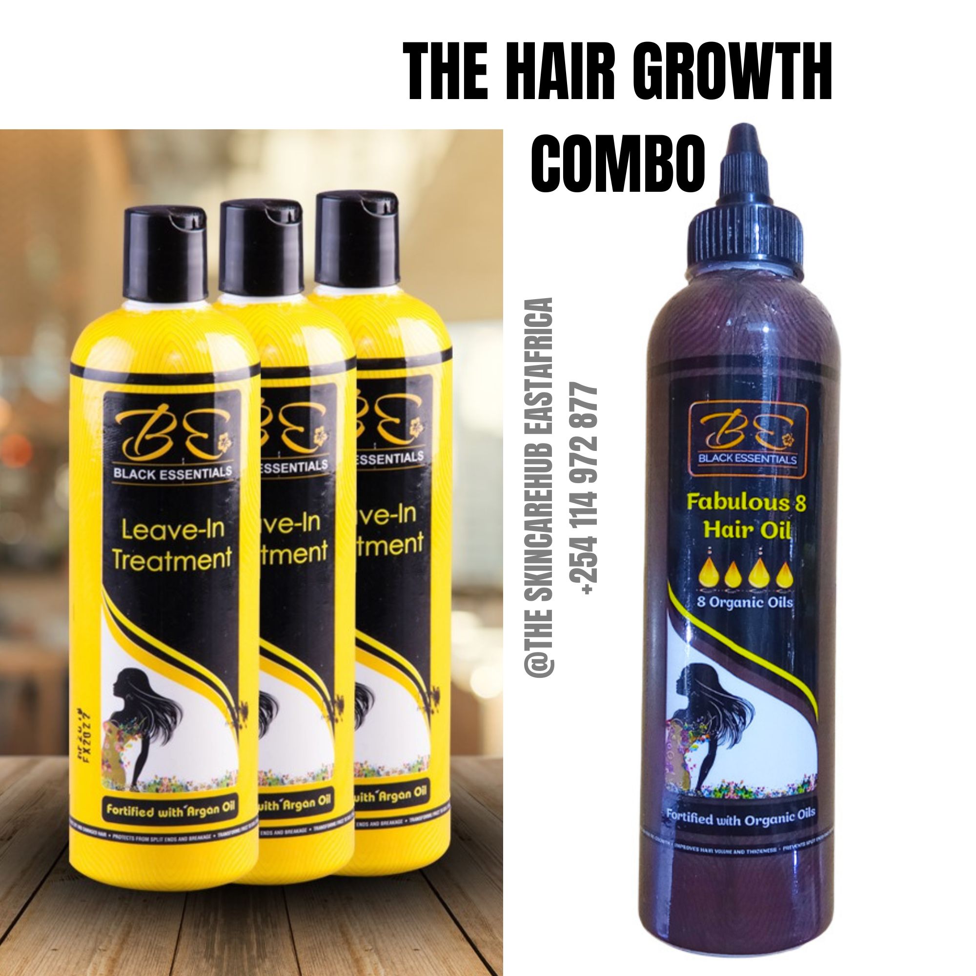 Unlock longer, stronger, healthier hair with the Black Essentials Hair Growth Combo with 500ml leave in treatment and hair growth oil