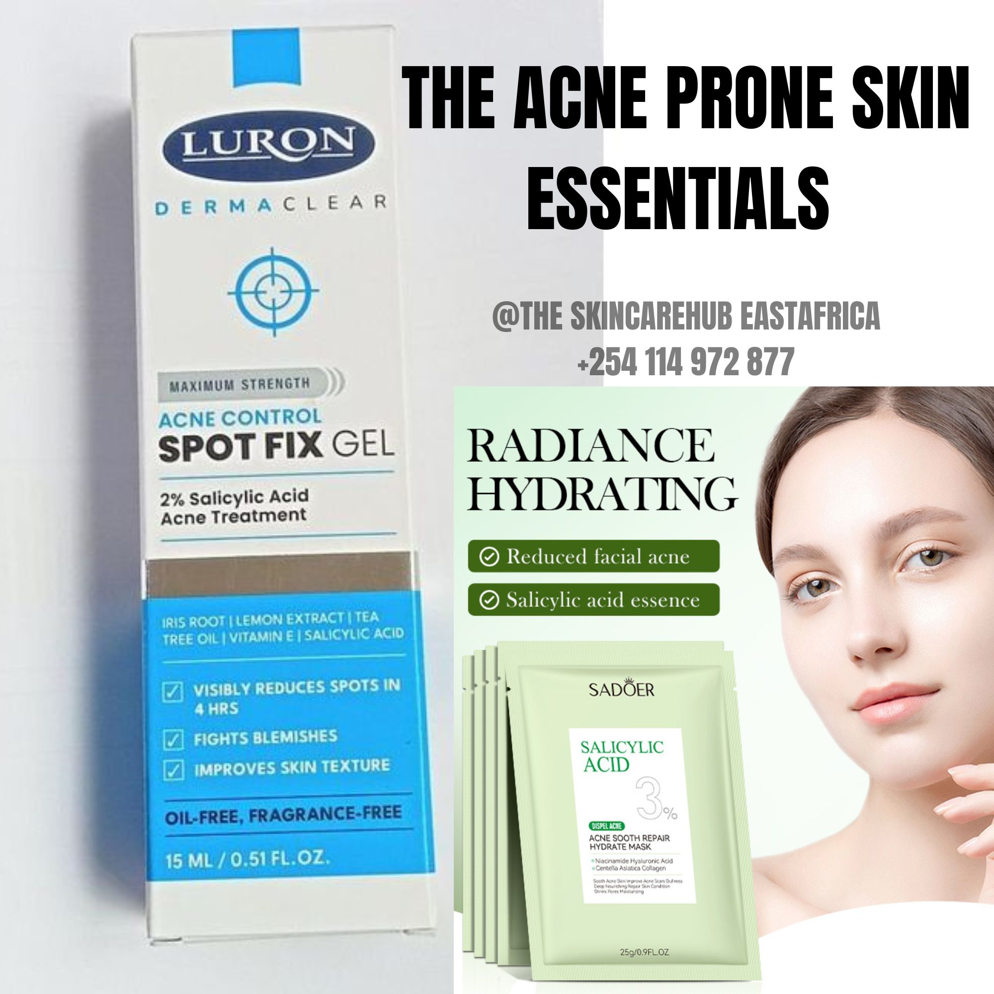 clear, radiant skin with the Luron Dermaclear Acne Control Spot Fix Gel and (3)salicylic acid sheet mask combo