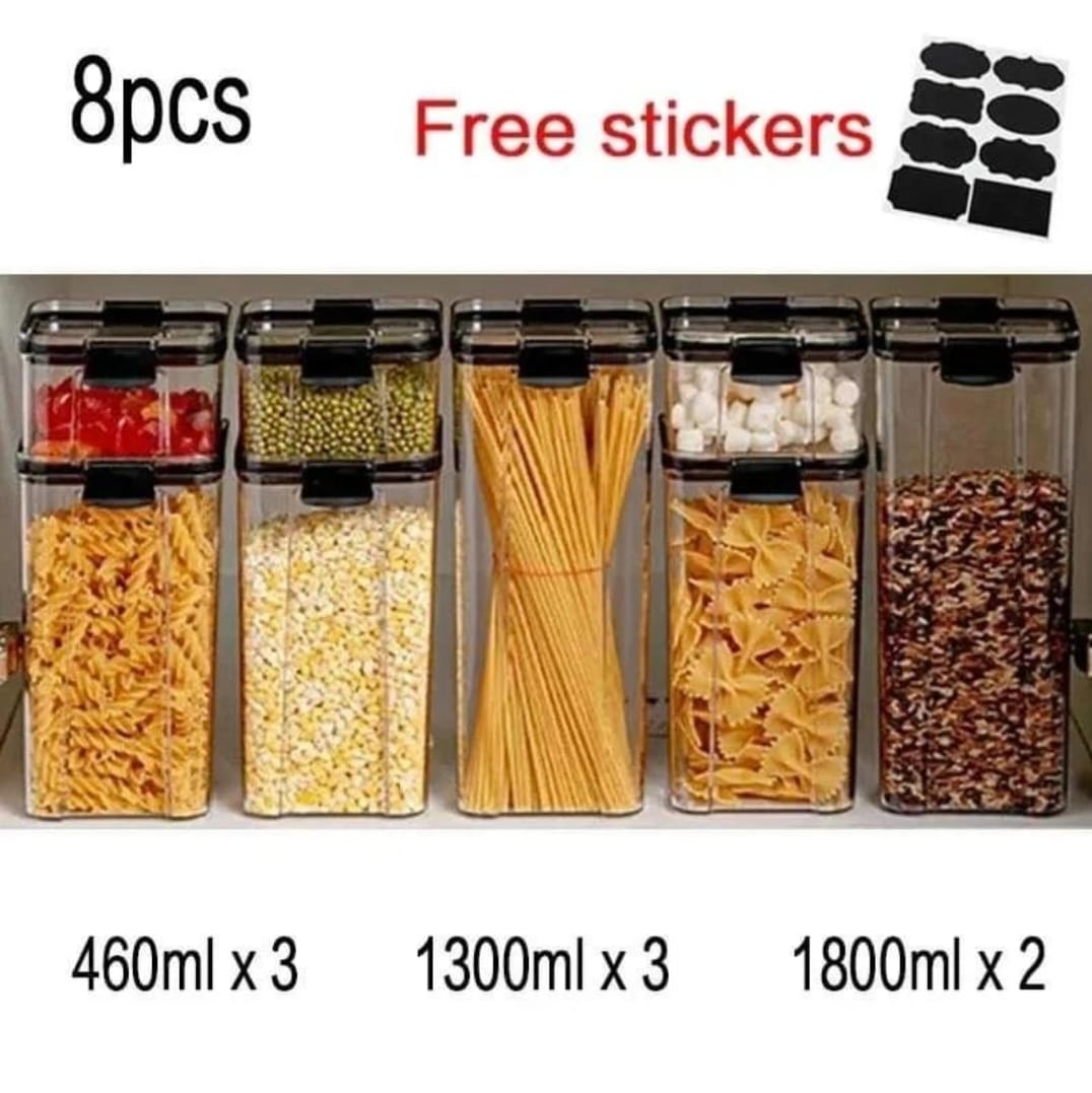 8pcs Transparent Acrylic Airtight Cereal Food/Pantry Storage Containers with stickers