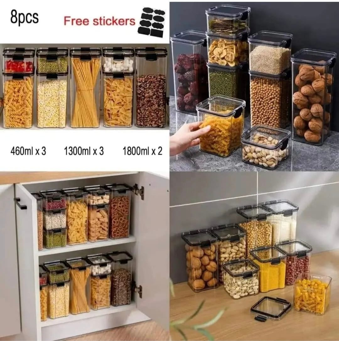 8pcs Transparent Acrylic Airtight Cereal Food/Pantry Storage Containers with stickers