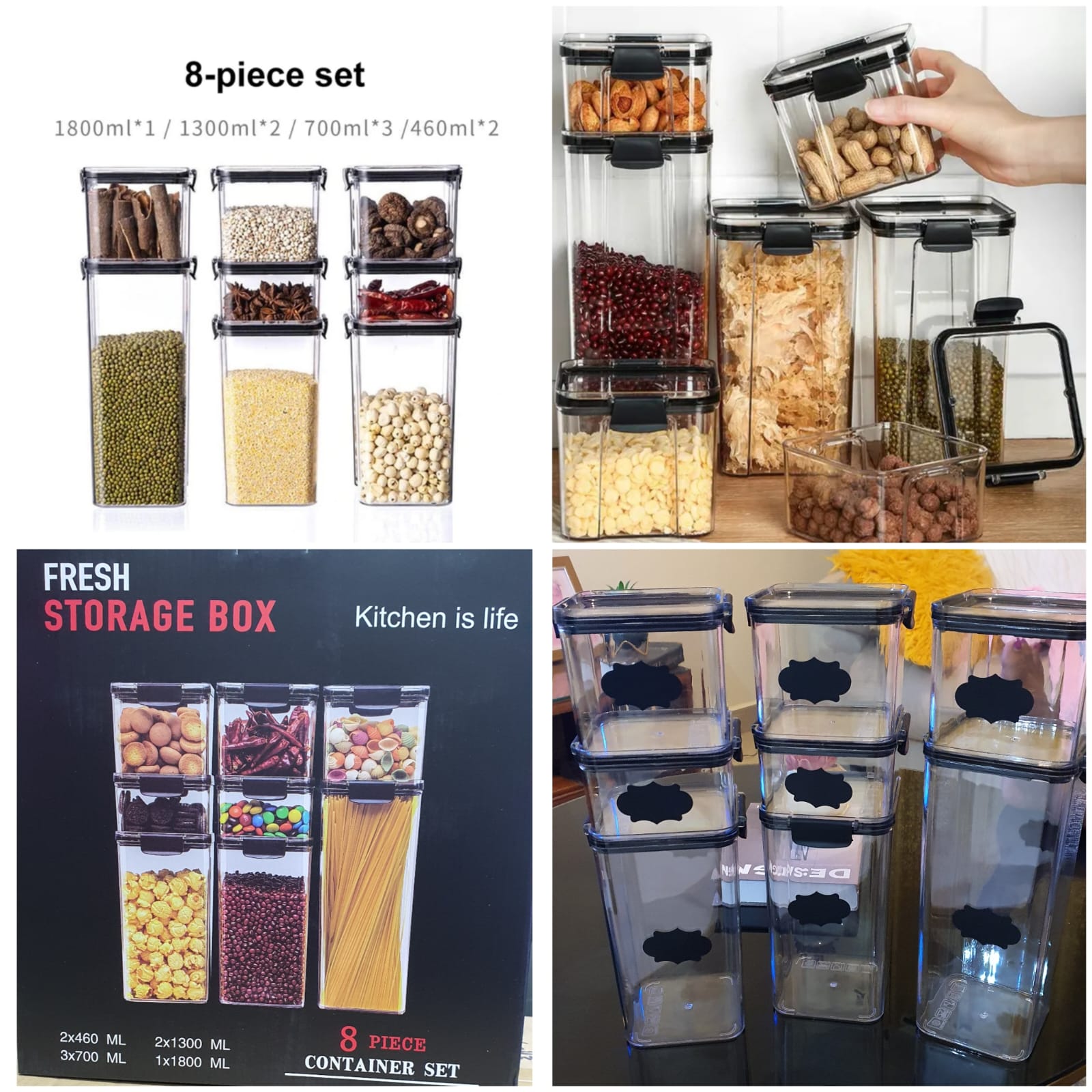 8pcs Transparent Acrylic Airtight Cereal Food/Pantry Storage Containers with stickers