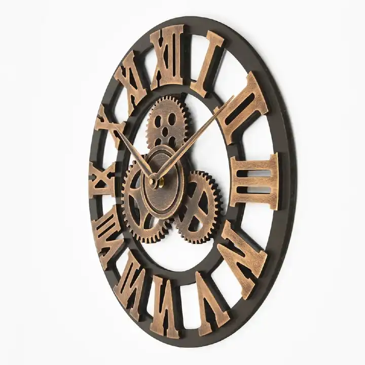3D Retro Wall Clock Vintage Luxury Gear Wooden Wall Clock Roman Numerals Design For Home Living Room Decoration(Gold)
