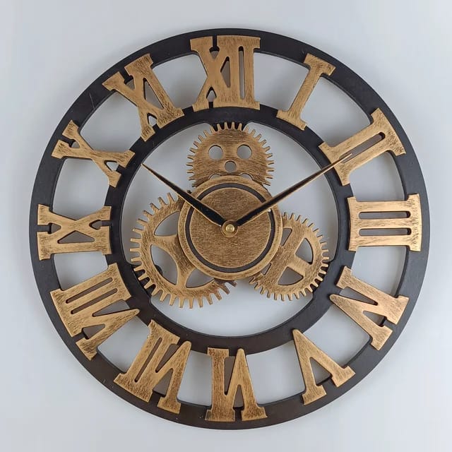 3D Retro Wall Clock Vintage Luxury Gear Wooden Wall Clock Roman Numerals Design For Home Living Room Decoration(Gold)