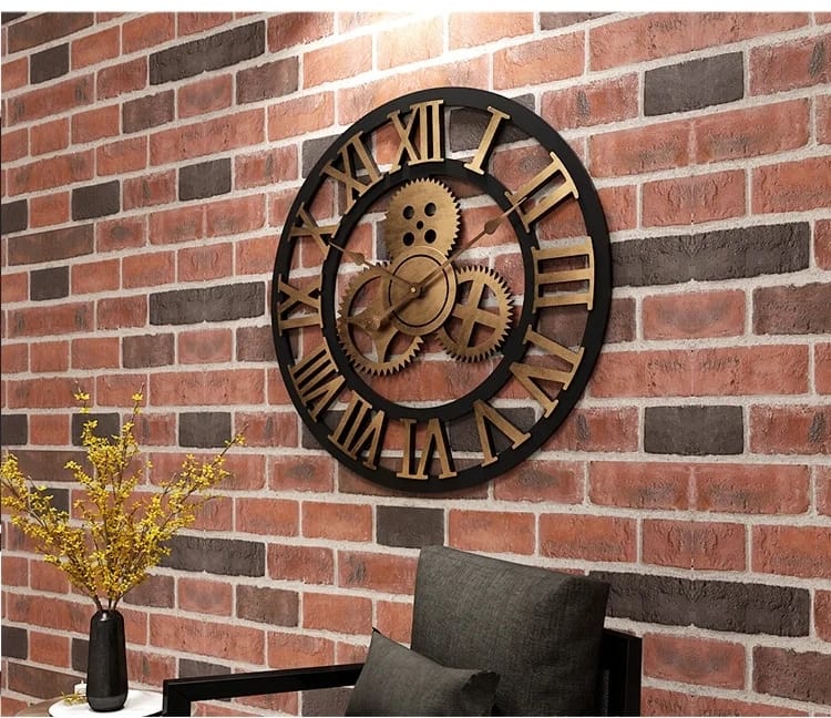 3D Retro Wall Clock Vintage Luxury Gear Wooden Wall Clock Roman Numerals Design For Home Living Room Decoration(Gold)