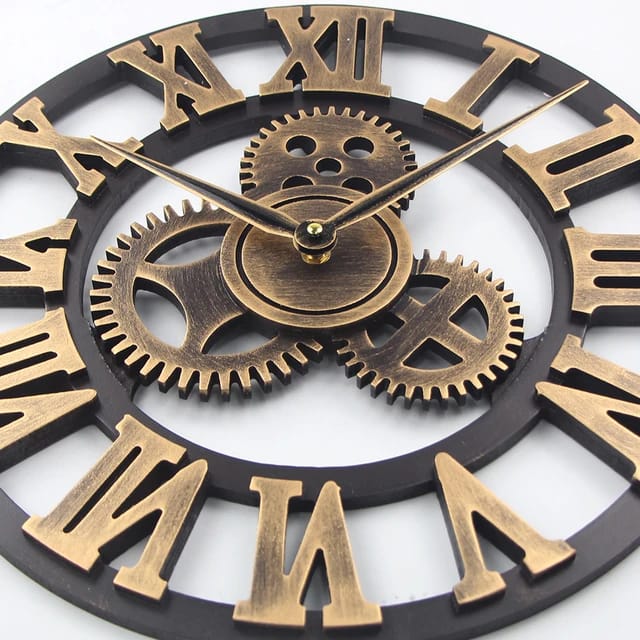 3D Retro Wall Clock Vintage Luxury Gear Wooden Wall Clock Roman Numerals Design For Home Living Room Decoration(Gold)