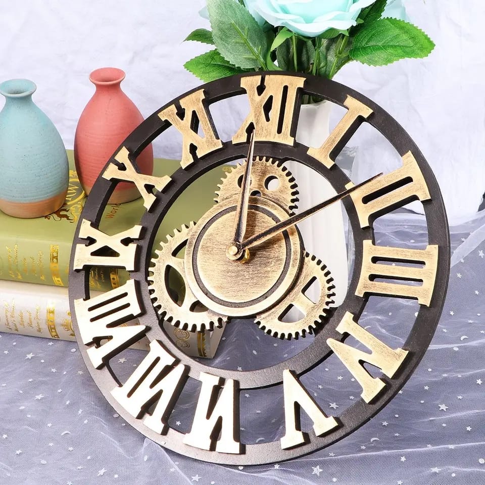 3D Retro Wall Clock Vintage Luxury Gear Wooden Wall Clock Roman Numerals Design For Home Living Room Decoration(Gold)