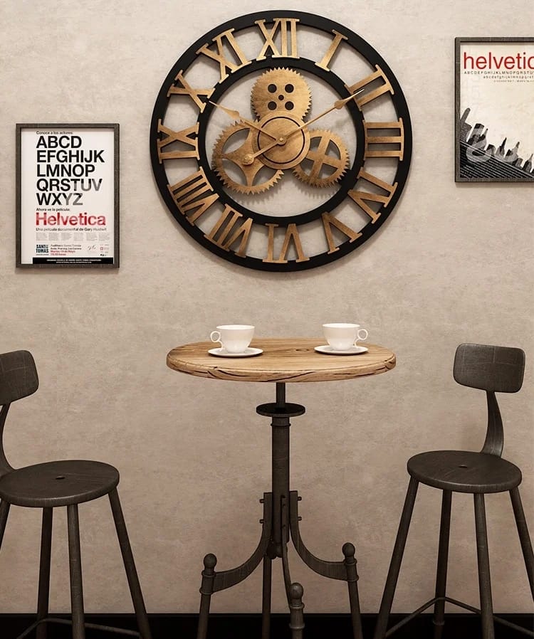 3D Retro Wall Clock Vintage Luxury Gear Wooden Wall Clock Roman Numerals Design For Home Living Room Decoration(Gold)