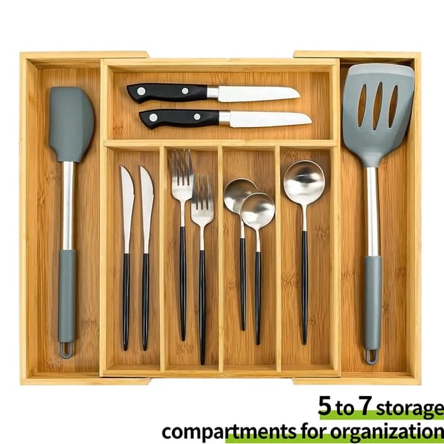 Expandable Bamboo Drawer Organizer For Utensils And Cutlery Tray Fits All Drawers