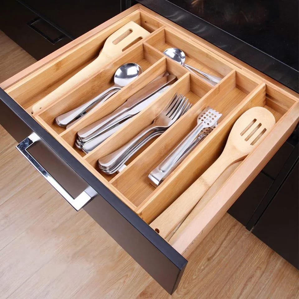 Expandable Bamboo Drawer Organizer For Utensils And Cutlery Tray Fits All Drawers