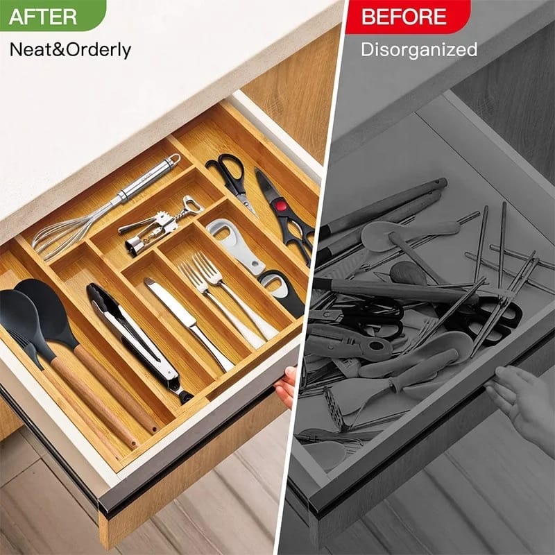 Expandable Bamboo Drawer Organizer For Utensils And Cutlery Tray Fits All Drawers