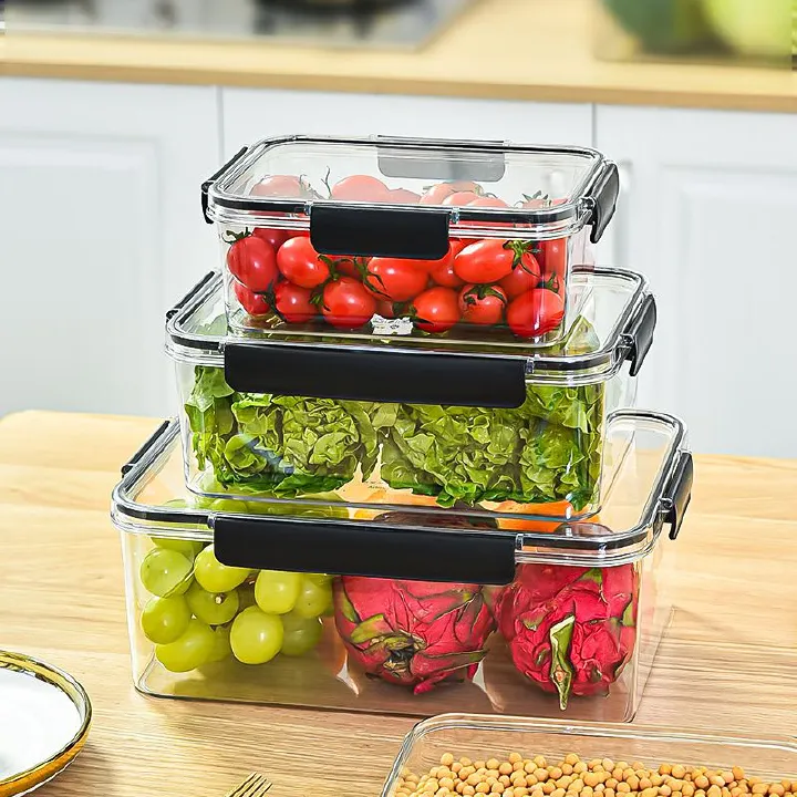 3pcs Acrylic Food Storage Containers
🔅 lid handles in  black
🔅for Fresh Fruits and Vegetables
🔅Moisture Resistance 
🔅Durable
🔅Transparent
🔅 Set have 3pcs 
🔅 Capacities 3000ml, 1400