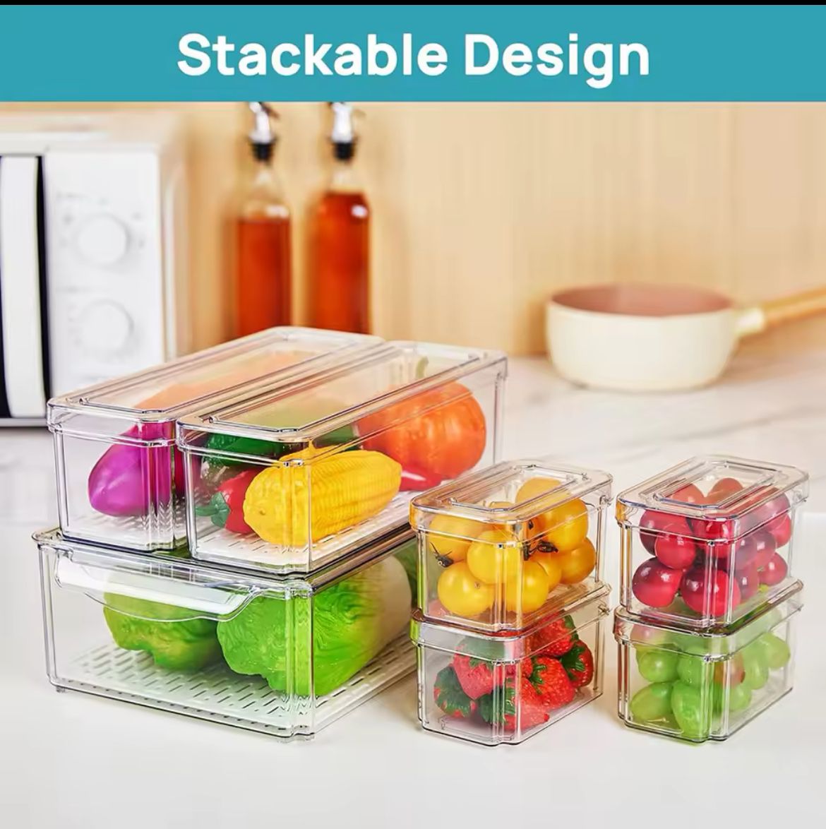 7 pcs BPA-Free Stackable acrylic Fridge Organizer Bins with Lids 
- Clear Refrigerator Storage Containers for Fruit, Vegetables, Food, and Drinks