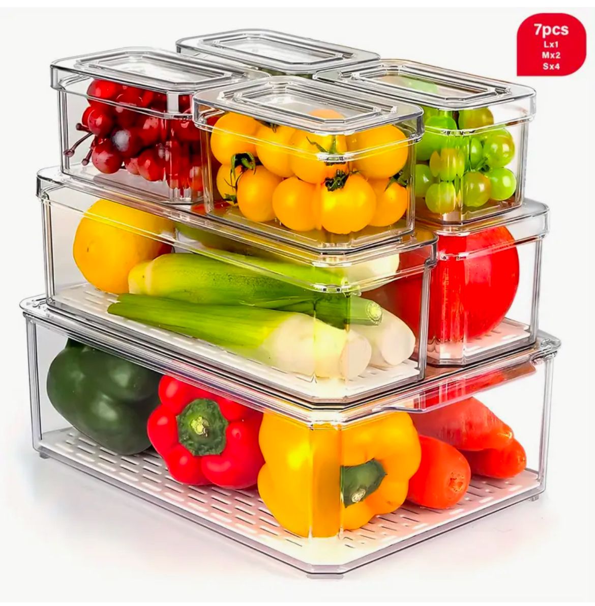7 pcs BPA-Free Stackable acrylic Fridge Organizer Bins with Lids 
- Clear Refrigerator Storage Containers for Fruit, Vegetables, Food, and Drinks