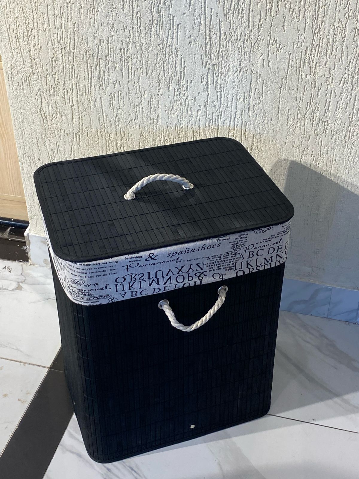 Eco-friendly foldable bamboo laundry basket black 
Collapsible/Foldable
Height 50cm
Width 30cm
Length 40cm