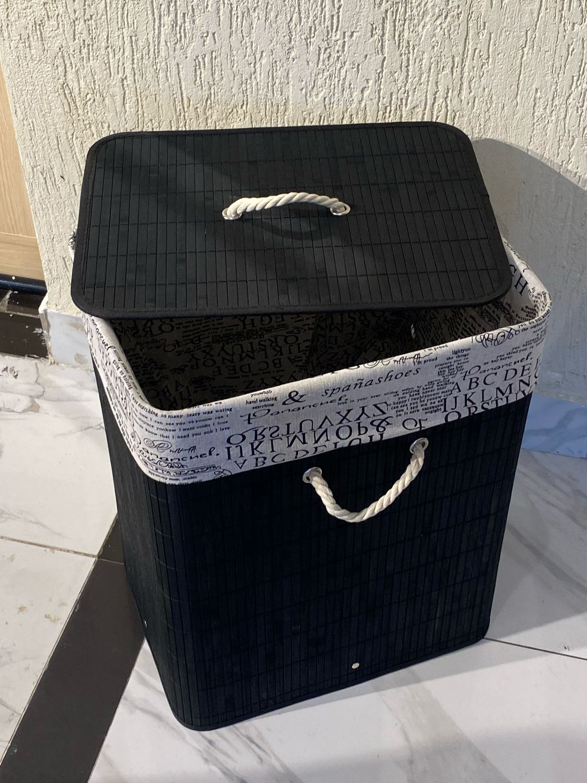 Eco-friendly foldable bamboo laundry basket black 
Collapsible/Foldable
Height 50cm
Width 30cm
Length 40cm
