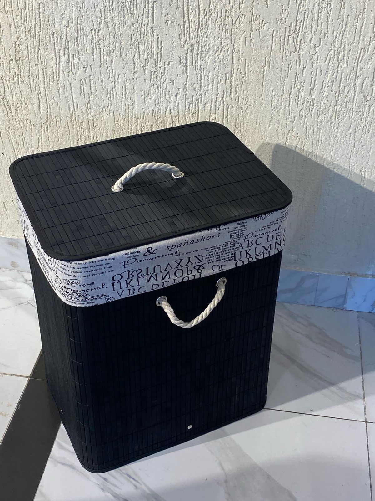 Eco-friendly foldable bamboo laundry basket black 
Collapsible/Foldable
Height 50cm
Width 30cm
Length 40cm