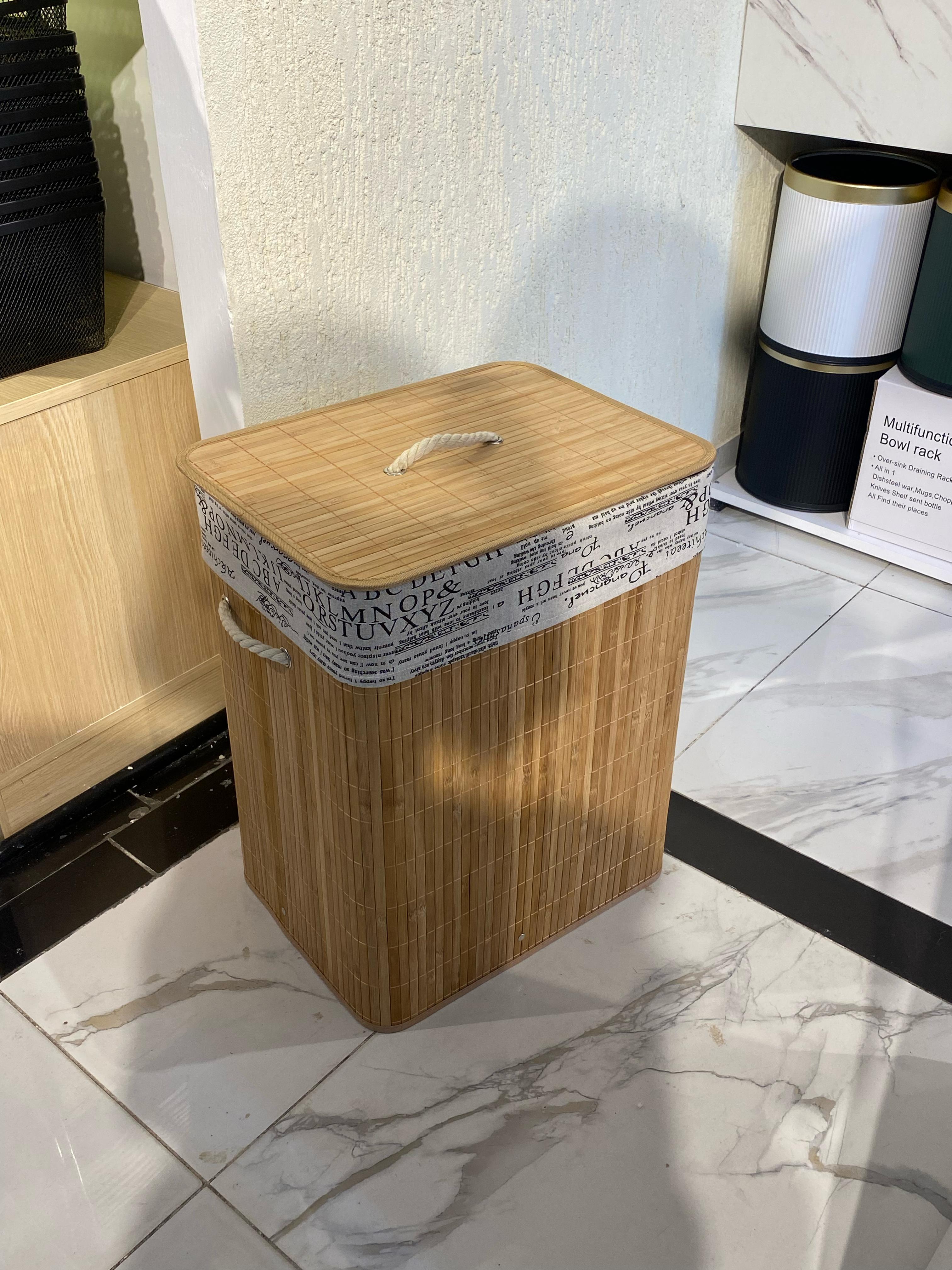 Eco-friendly foldable bamboo laundry basket black 
Collapsible/Foldable
Height 50cm
Width 30cm
Length 40cm