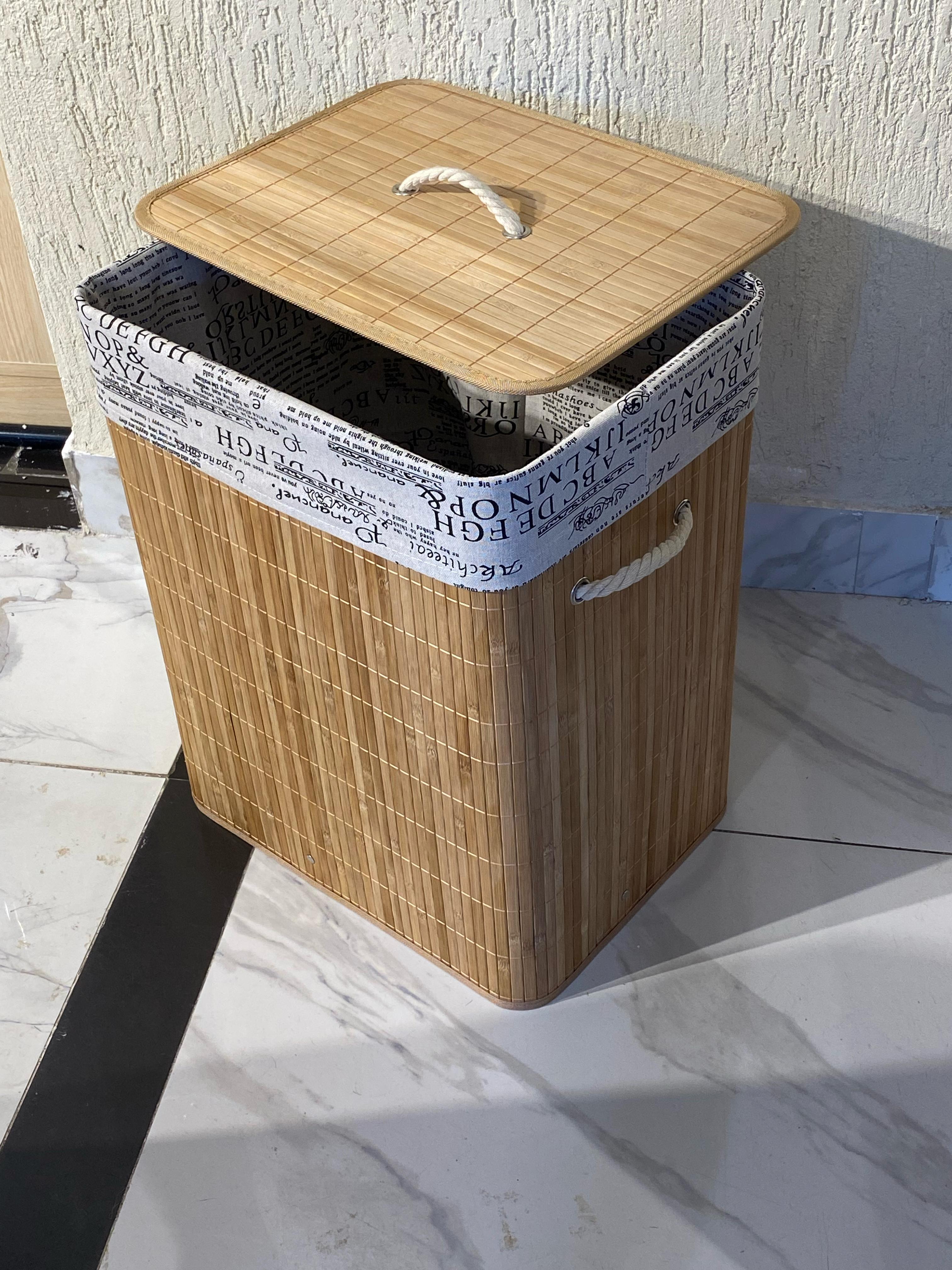 Eco-friendly foldable bamboo laundry basket black 
Collapsible/Foldable
Height 50cm
Width 30cm
Length 40cm