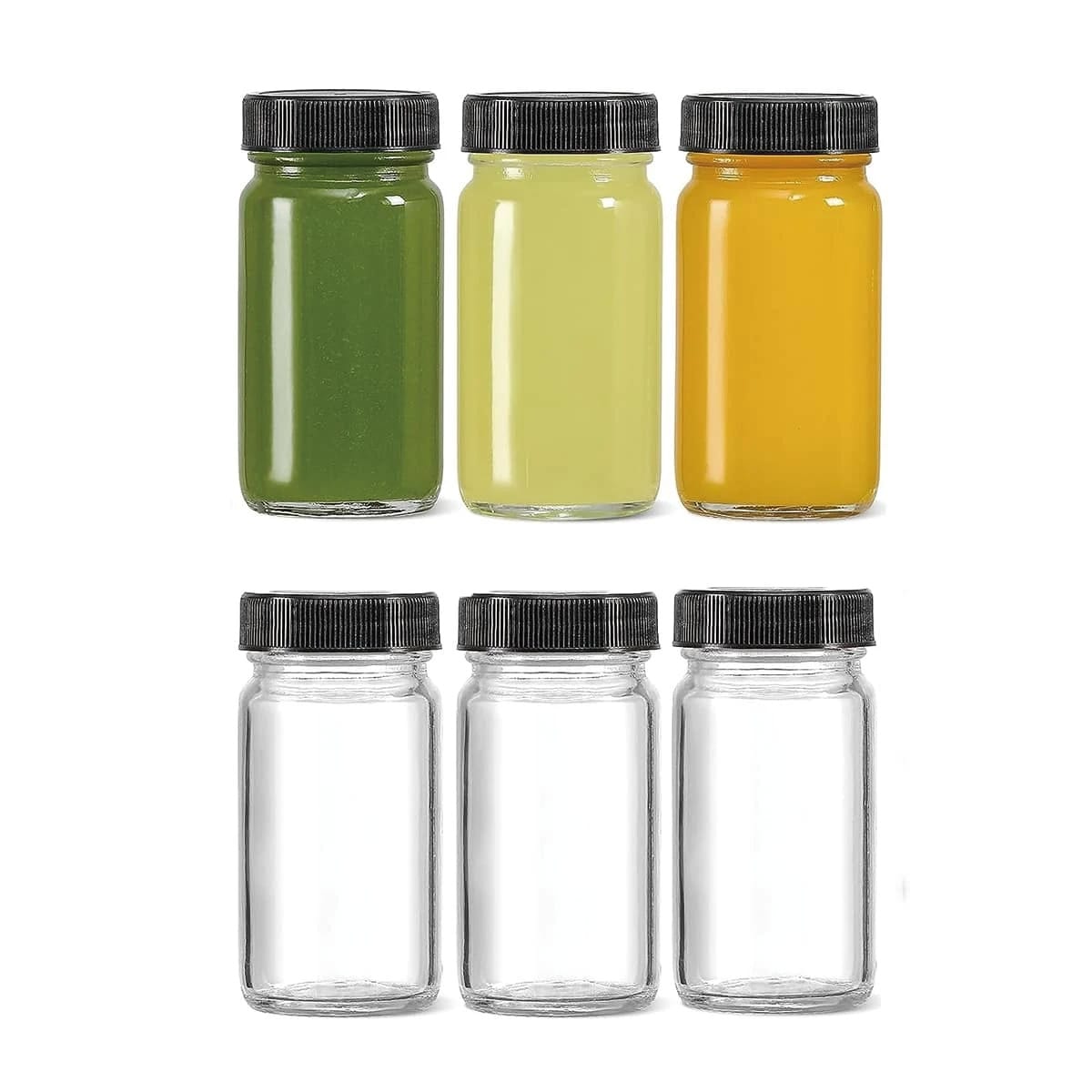 Set of 5 Gingershots Glass Bottles
 set of 5
Material: Glass with Black Plastic Lid
▫Reusable
▫Capacity: 60ml