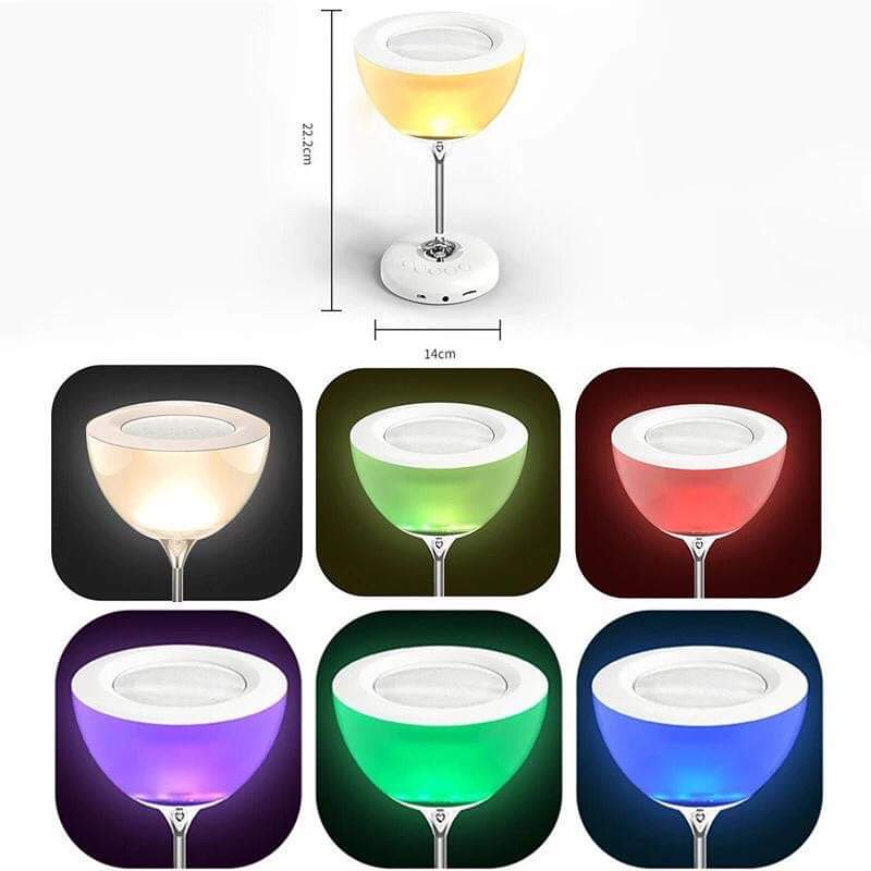 Bedside lamp novel wine glass shaped with 6 colour atmospheric lights with wireless/Bluetooth speaker, FM radio functions, build in microphone and TF card slot