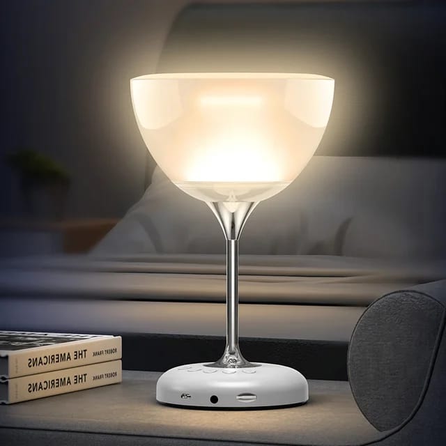 Bedside lamp novel wine glass shaped with 6 colour atmospheric lights with wireless/Bluetooth speaker, FM radio functions, build in microphone and TF card slot