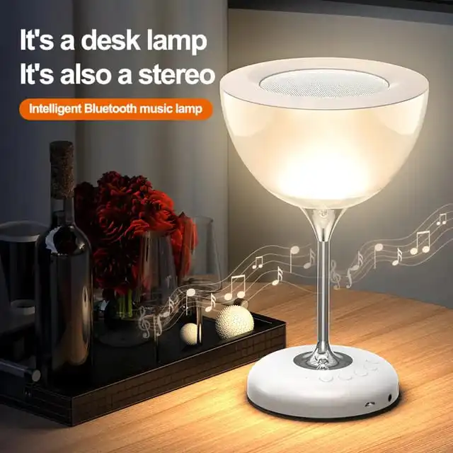 Bedside lamp novel wine glass shaped with 6 colour atmospheric lights with wireless/Bluetooth speaker, FM radio functions, build in microphone and TF card slot