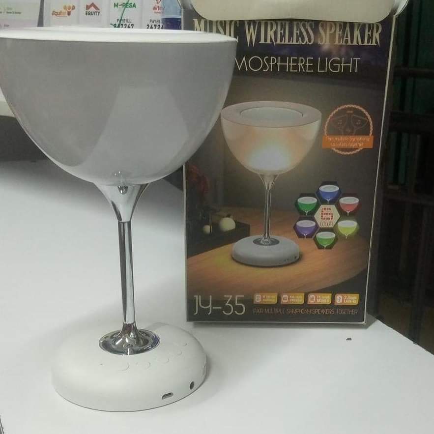 Bedside lamp novel wine glass shaped with 6 colour atmospheric lights with wireless/Bluetooth speaker, FM radio functions, build in microphone and TF card slot