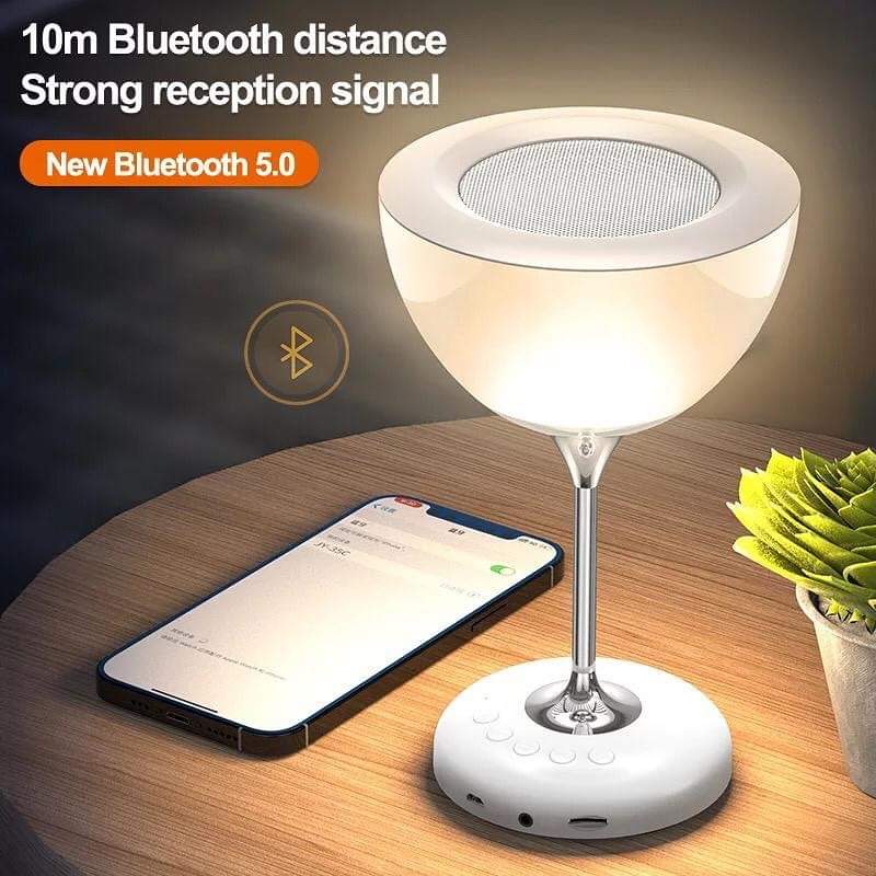 Bedside lamp novel wine glass shaped with 6 colour atmospheric lights with wireless/Bluetooth speaker, FM radio functions, build in microphone and TF card slot