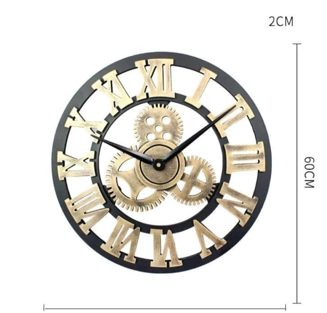 3D Retro Wall Clock Vintage Luxury Gear Wooden Wall Clock Roman Numerals Design For Home Living Room Decoration(Gold)