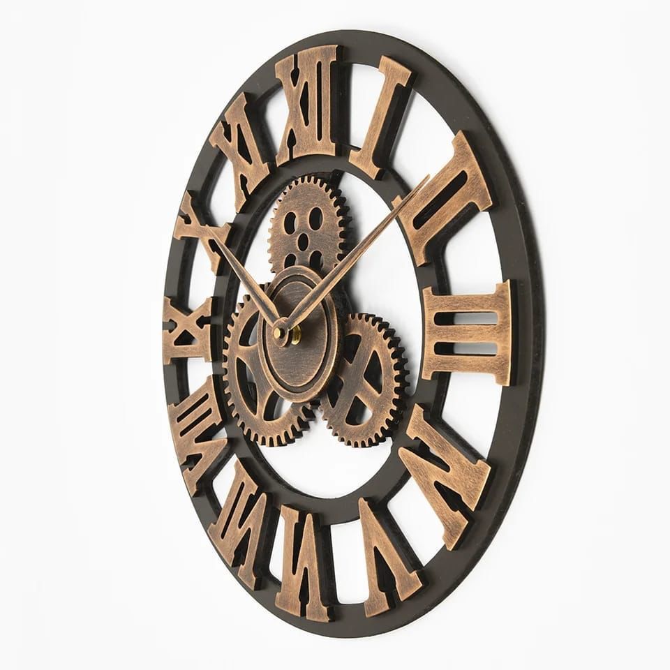 3D Retro Wall Clock Vintage Luxury Gear Wooden Wall Clock Roman Numerals Design For Home Living Room Decoration(Gold)