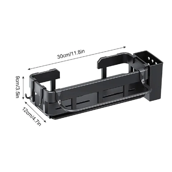 Kitchen/bathroom sink caddy with water draining tray, towel hook and cutlery holder available in black