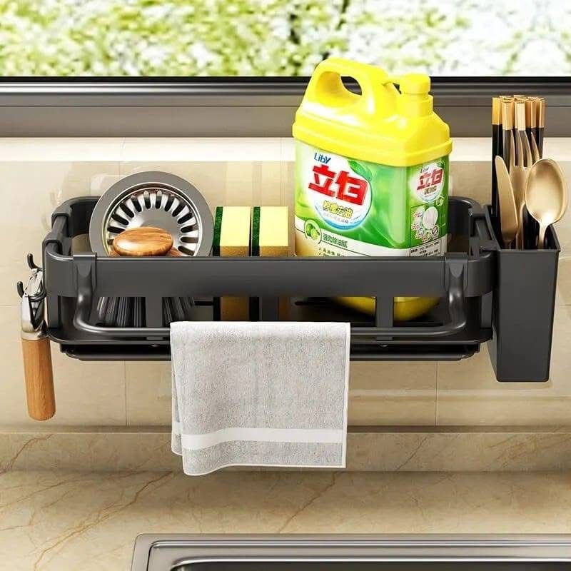 Kitchen/bathroom sink caddy with water draining tray, towel hook and cutlery holder available in black