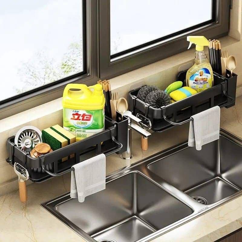 Kitchen/bathroom sink caddy with water draining tray, towel hook and cutlery holder available in black