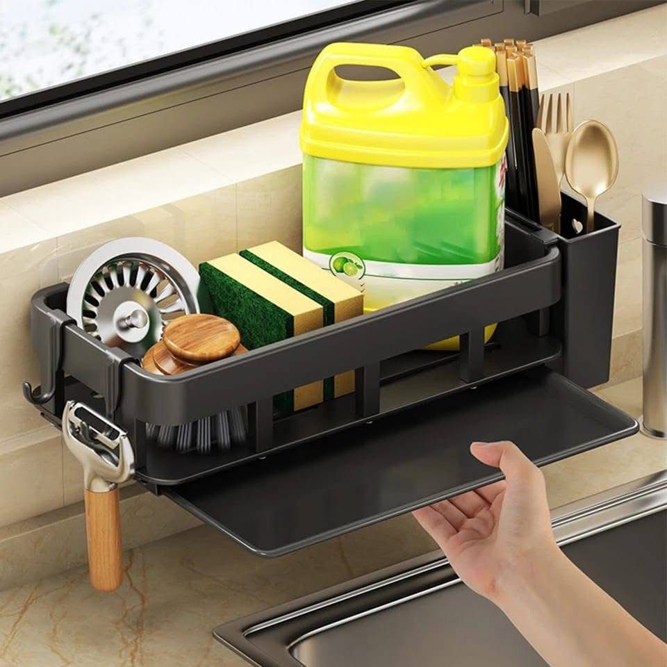 Kitchen/bathroom sink caddy with water draining tray, towel hook and cutlery holder available in black