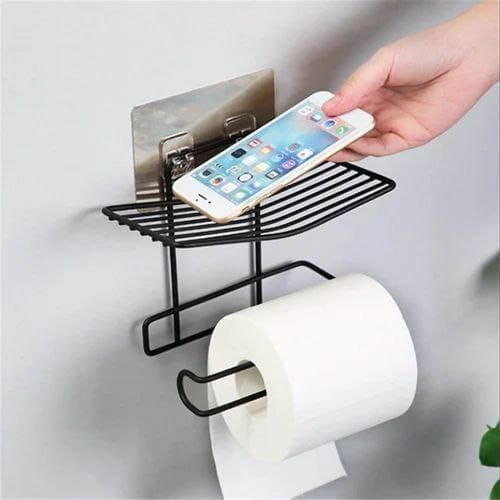 High quality metallic tissue holder with phone shelf, toilet paper holder.wall mounted tissue roll dispenser. Comes with adhesive sticker