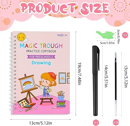 4 Pc Magic  Practice Copybook,Reusable  Writing Books,Handwriting Book Practice for Kids,Grooved Kids Writing Preschool for Kids Ages 3-8 Calligraphy (4pc+Pen)