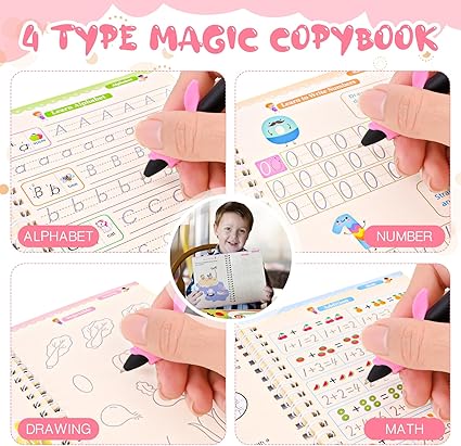 4 Pc Magic  Practice Copybook,Reusable  Writing Books,Handwriting Book Practice for Kids,Grooved Kids Writing Preschool for Kids Ages 3-8 Calligraphy (4pc+Pen)