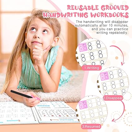 4 Pc Magic  Practice Copybook,Reusable  Writing Books,Handwriting Book Practice for Kids,Grooved Kids Writing Preschool for Kids Ages 3-8 Calligraphy (4pc+Pen)