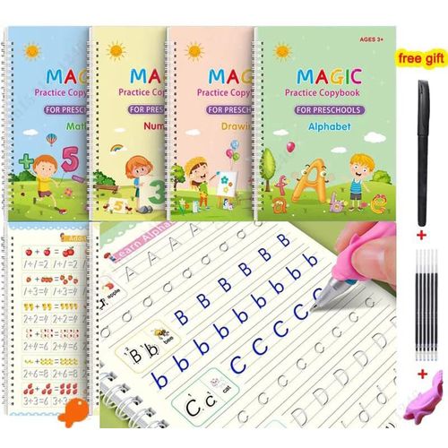 4 Pc Magic  Practice Copybook,Reusable  Writing Books,Handwriting Book Practice for Kids,Grooved Kids Writing Preschool for Kids Ages 3-8 Calligraphy (4pc+Pen)