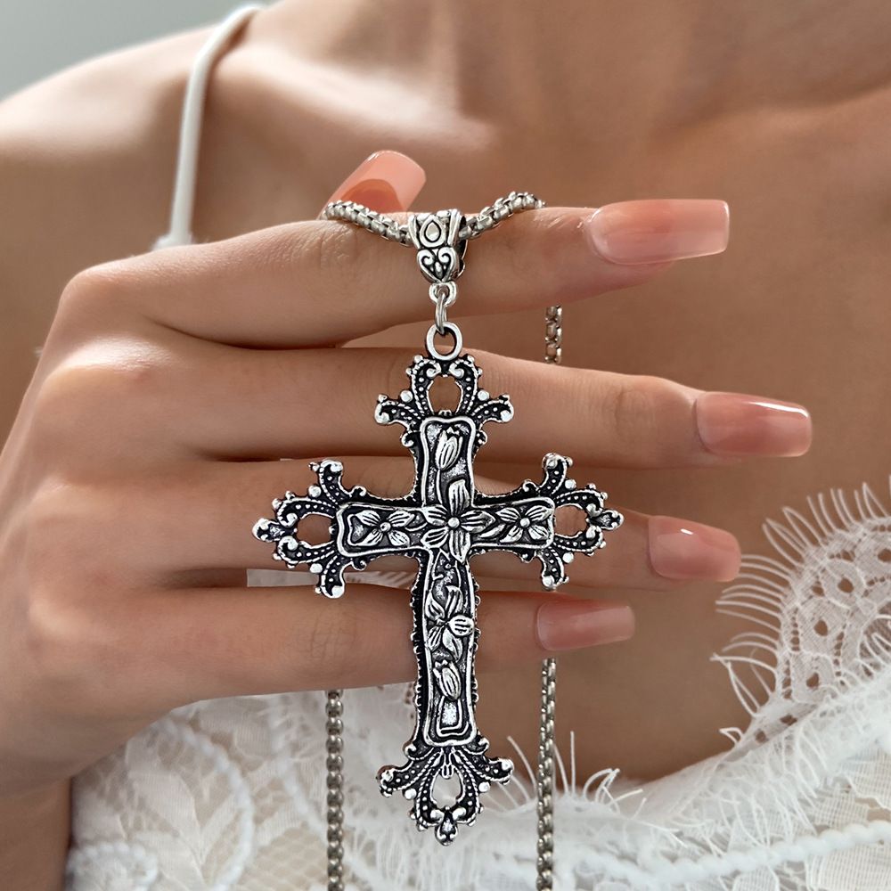Jewellery Bracelet, Ancient silver alloy flower vine cross necklace gothic vintage hip hop pendant