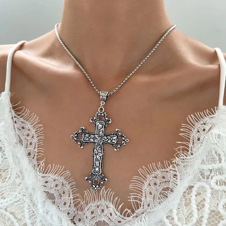 Jewellery Bracelet, Ancient silver alloy flower vine cross necklace gothic vintage hip hop pendant