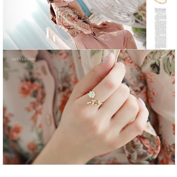Jewellery ring, Diamond-set twisted leaf band, wishful flower open ring