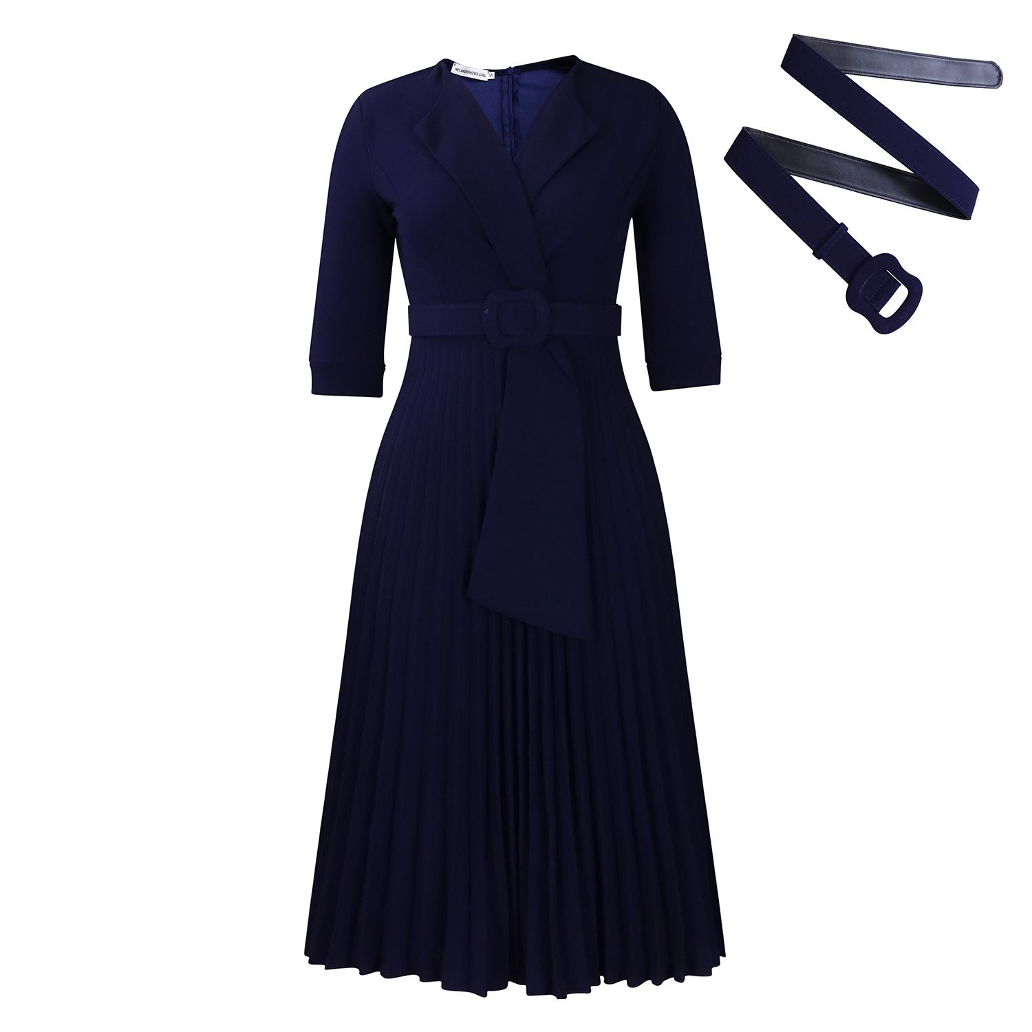Women's Notch Lapel Plain Dresses,Three-quarter Sleeves Causal Midi Dresses,Casual Belted Pleated Dresses