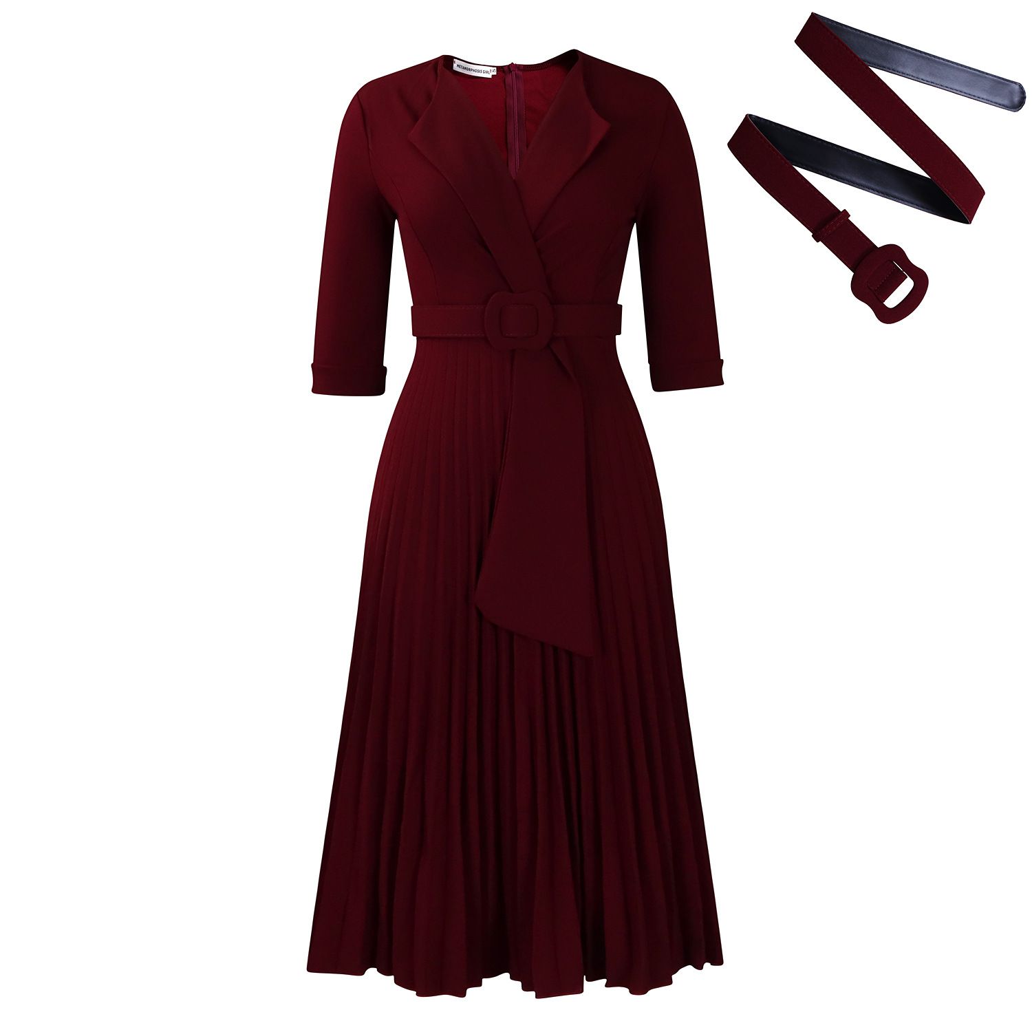 Women's Notch Lapel Plain Dresses,Three-quarter Sleeves Causal Midi Dresses,Casual Belted Pleated Dresses