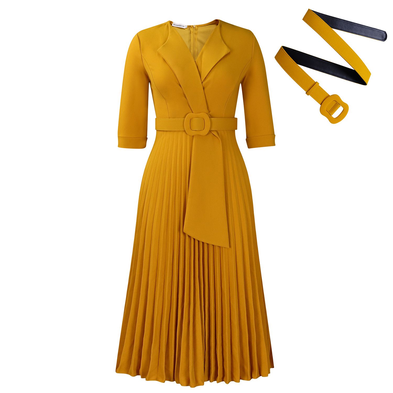 Women's Notch Lapel Plain Dresses,Three-quarter Sleeves Causal Midi Dresses,Casual Belted Pleated Dresses