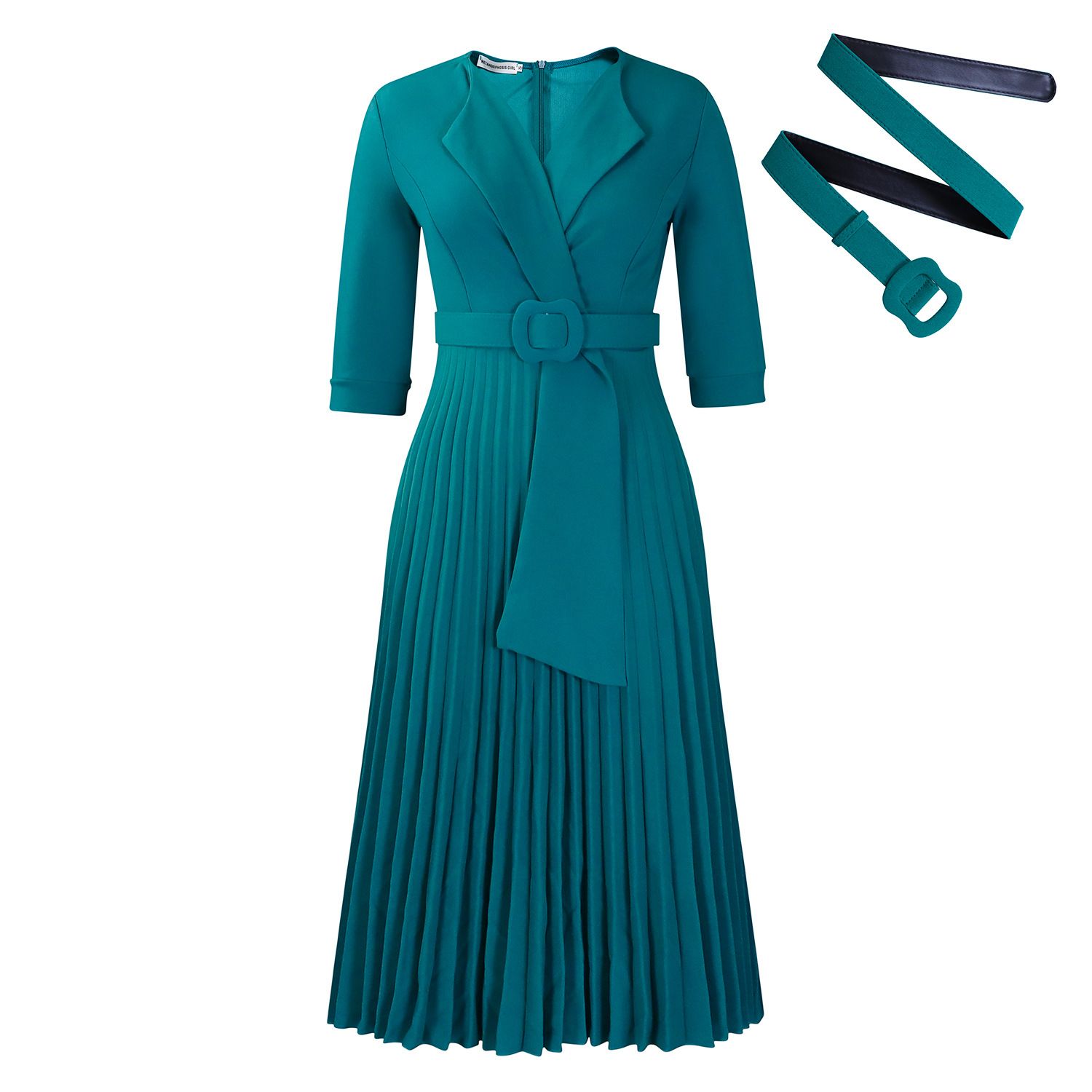 Women's Notch Lapel Plain Dresses,Three-quarter Sleeves Causal Midi Dresses,Casual Belted Pleated Dresses