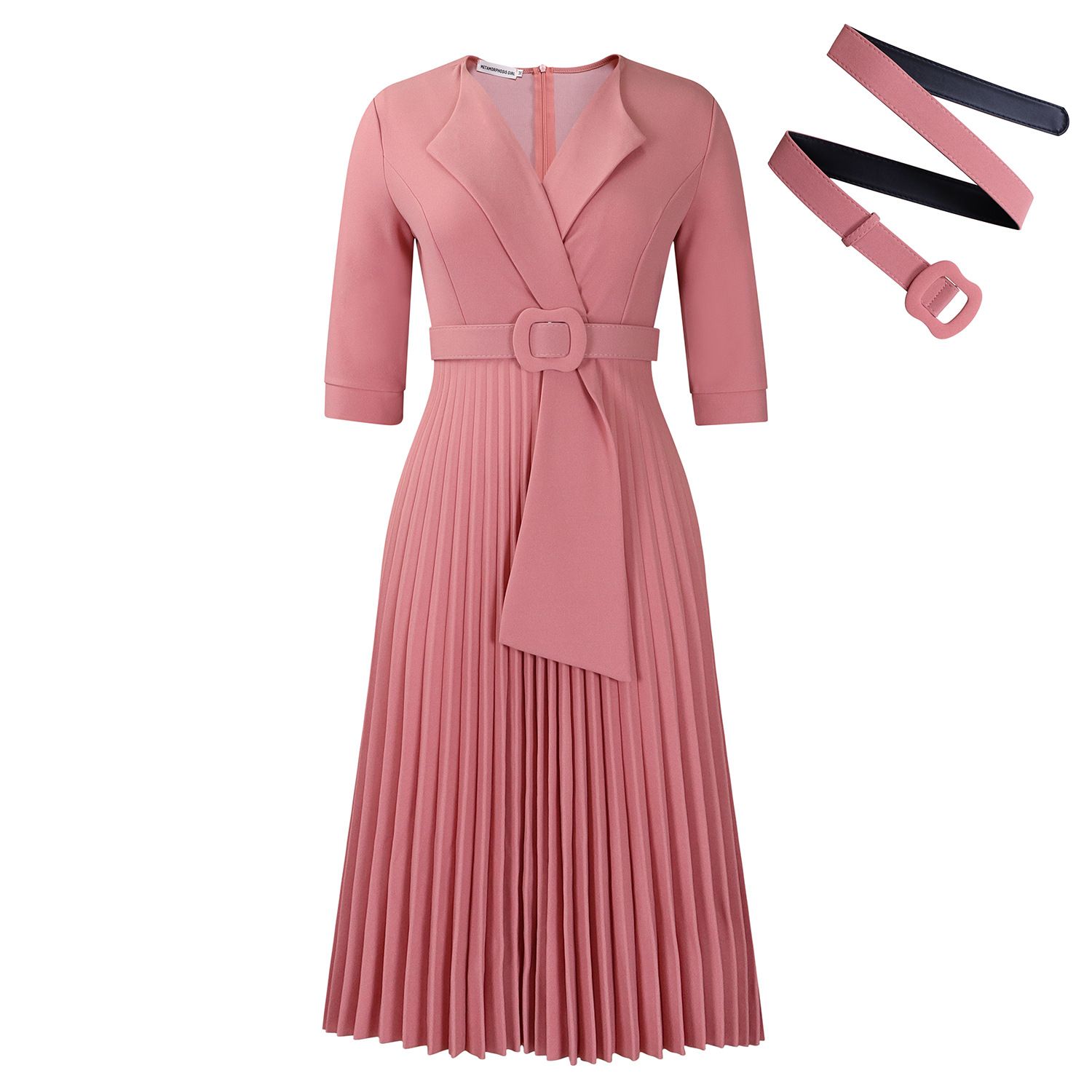Women's Notch Lapel Plain Dresses,Three-quarter Sleeves Causal Midi Dresses,Casual Belted Pleated Dresses